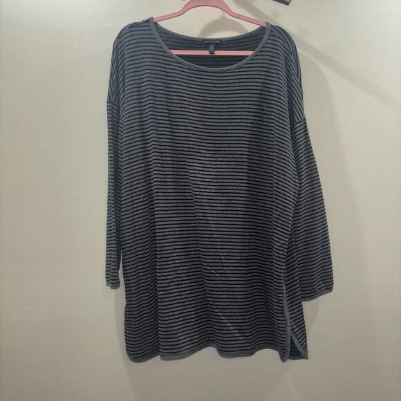 Eileen Fisher Loungewear Set- Striped Tencel Blend Gray and Black Top & Pants - Picture 7 of 15
